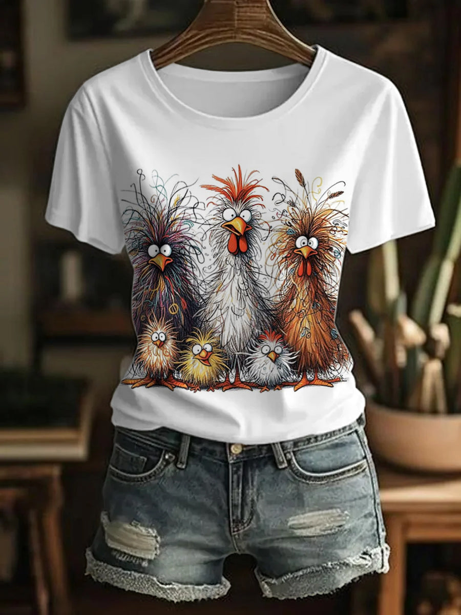 Women's Funny Cute Crazy Hair Cartoon Chickens Print Casual Tee