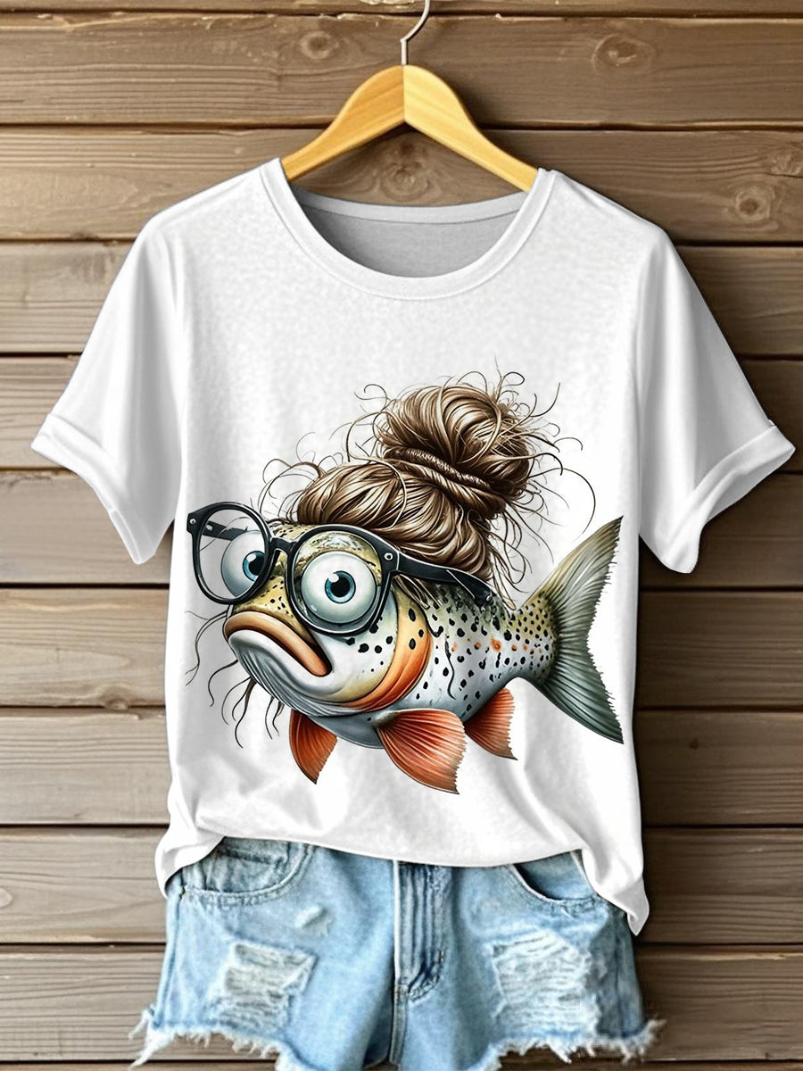 Women's Funny Cartoon Fish Print Casual Tee