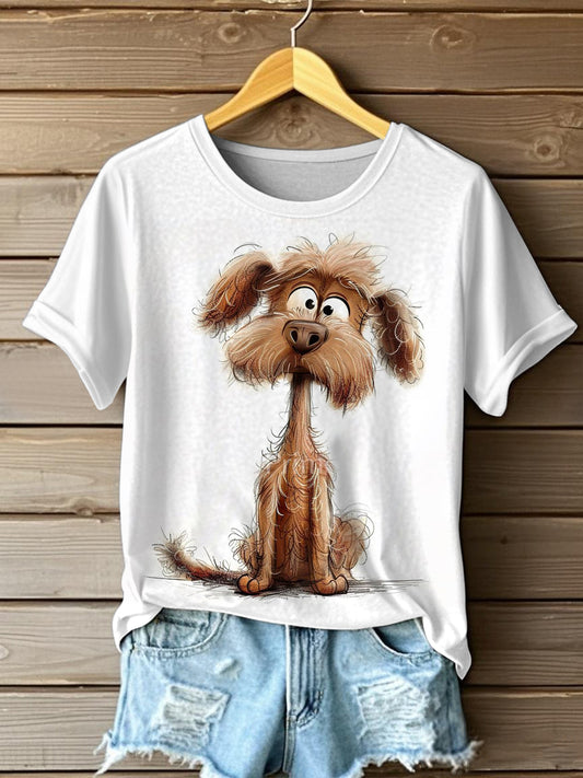 Women's Funny Crazy Hair Cartoon Dog Print Casual Tee