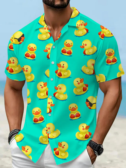 Men's Funny Ducks Print Casual Short-Sleeve Vacation Shirt