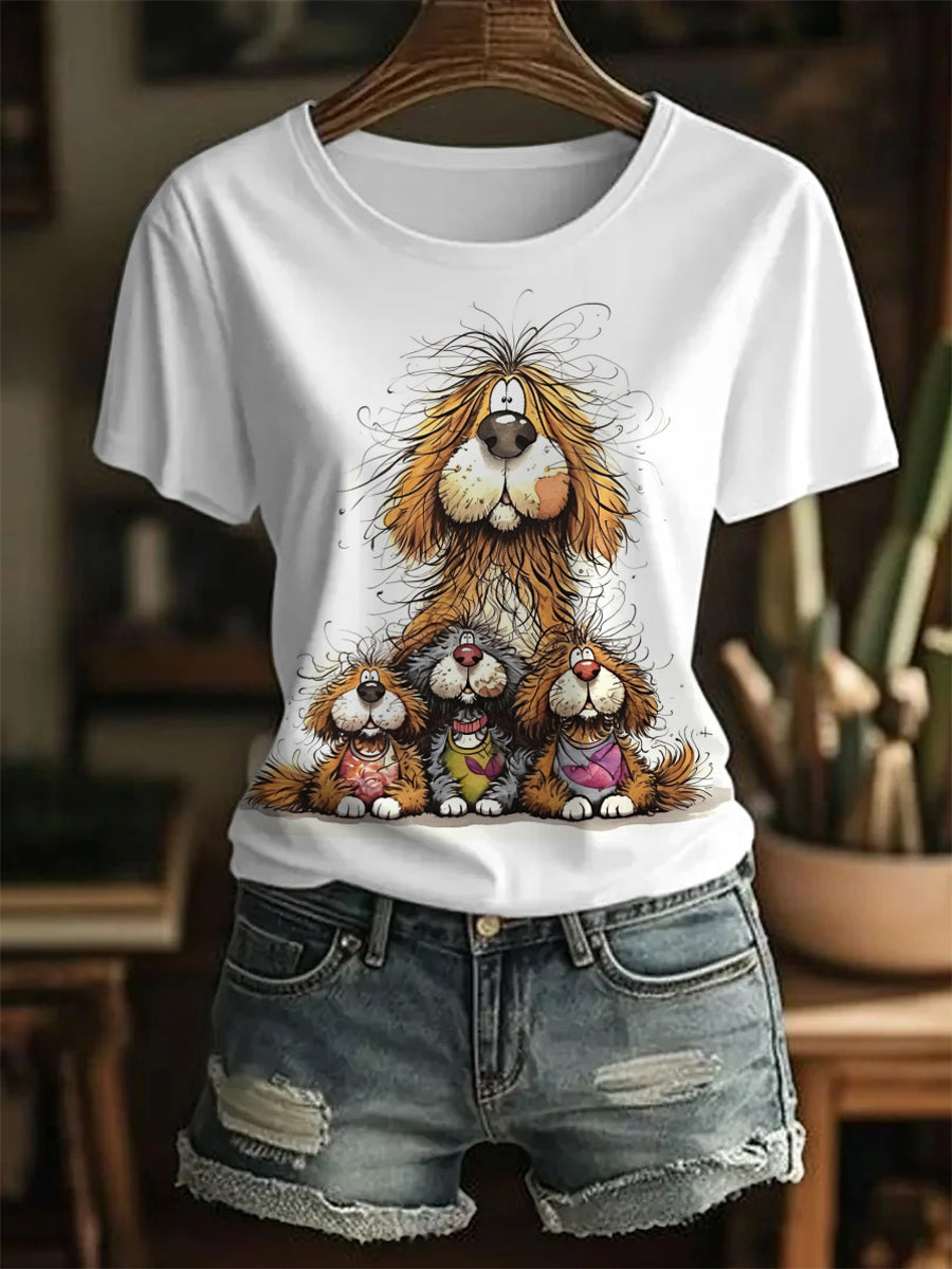 Women's Funny Cute Crazy Hair Cartoon Dogs Print Casual Tee