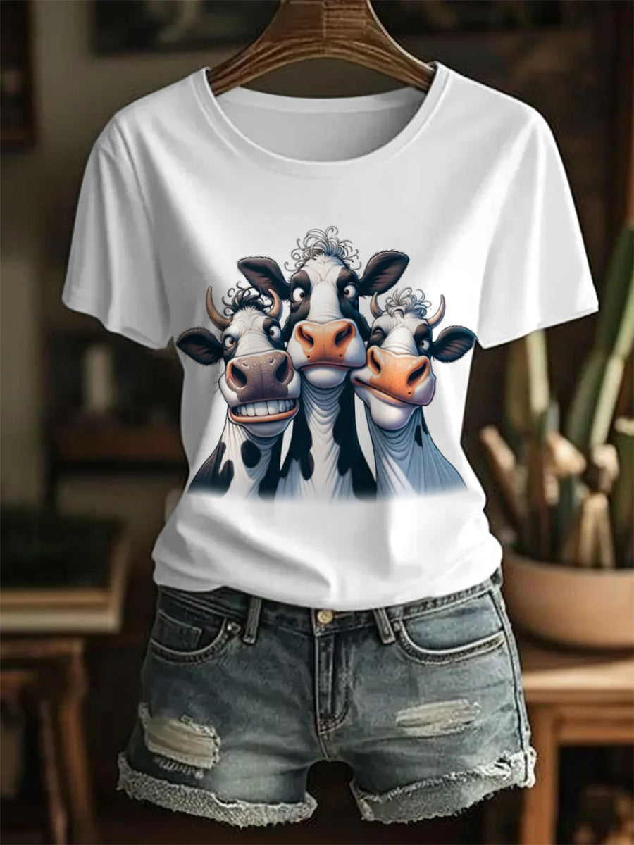 Women's Funny Comical Crazy Cow Besties Print Casual Tee