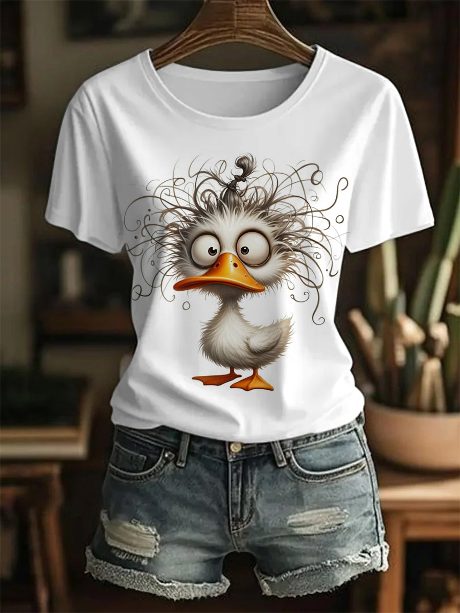 Women's Funny Cute Crazy Hair Cartoon Duck Print Casual Tee