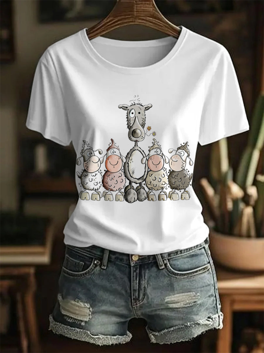 Women's Funny Cute Cartoon Wolf And Sheep Friends Print Casual Tee
