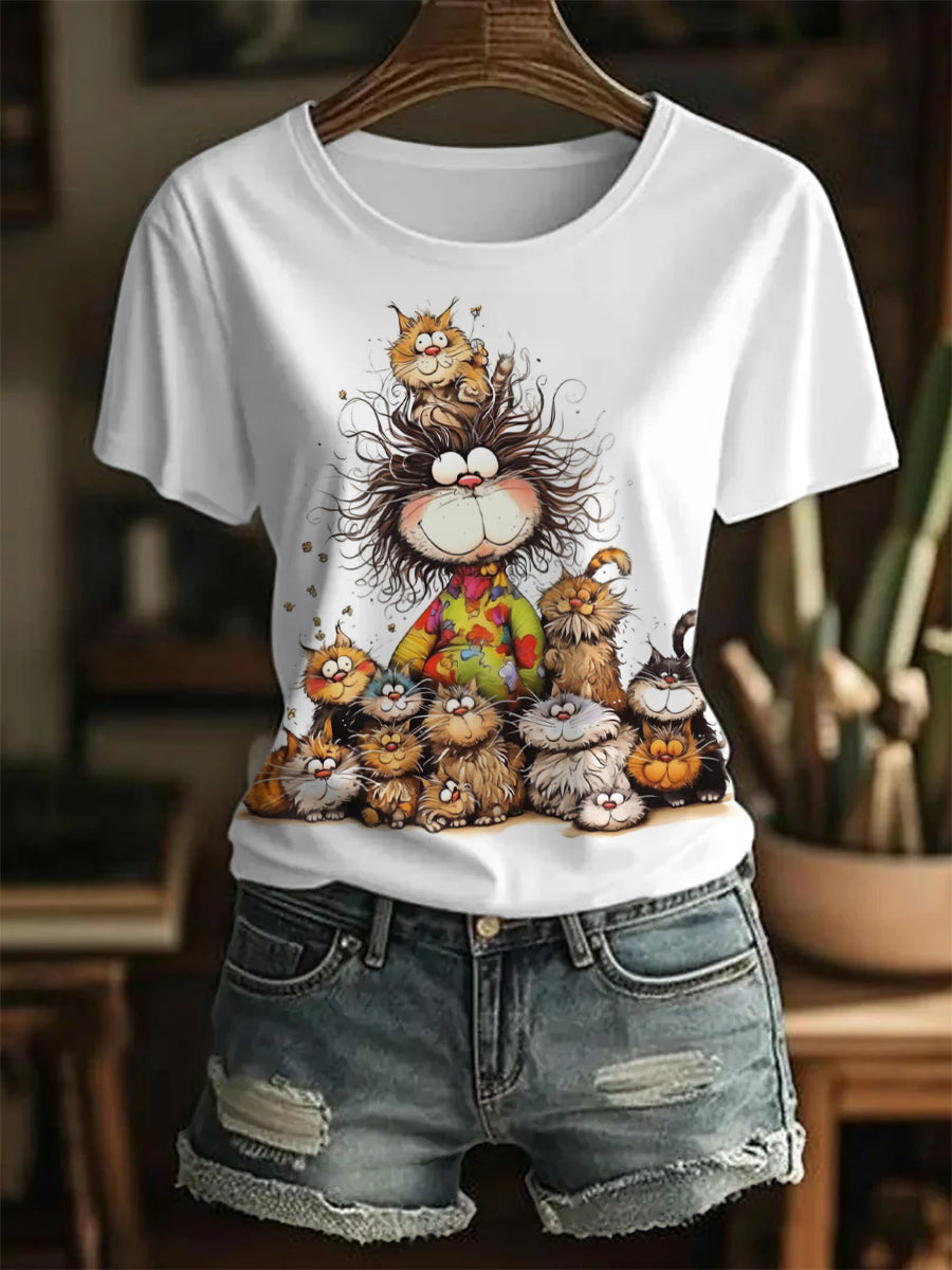 Women's Funny Cute Crazy Hair Cartoon Cat Mom And Babies Print Casual Tee