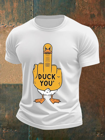 Men's Funny Middle Finger Offensive Rude Duck Print Short Sleeve Tee