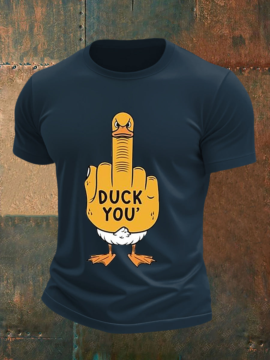 Men's Funny Middle Finger Offensive Rude Duck Print Short Sleeve Tee