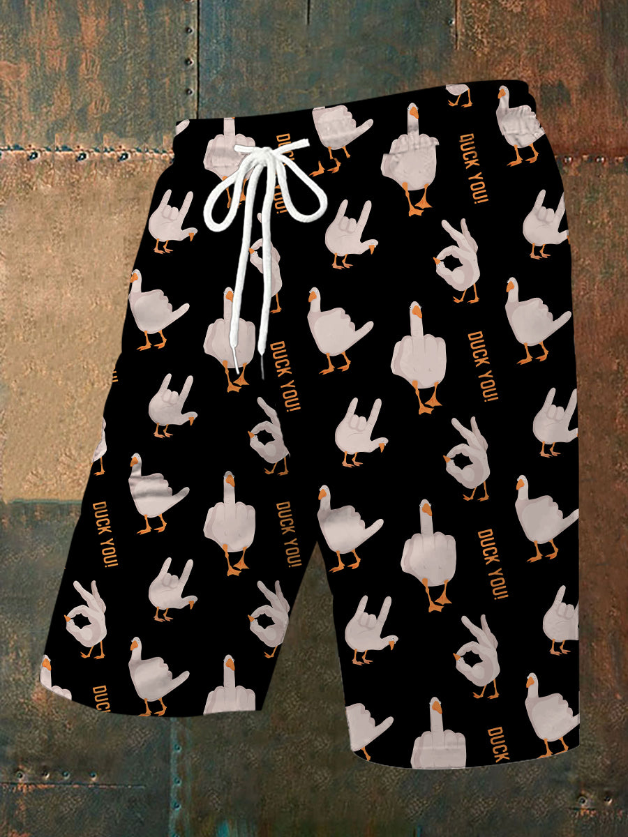Men's Funny Middle Finger Offensive Rude Duck Print Shorts