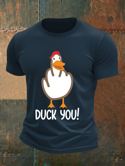 Men's Funny Middle Finger Offensive Rude Duck Print Short Sleeve Tee