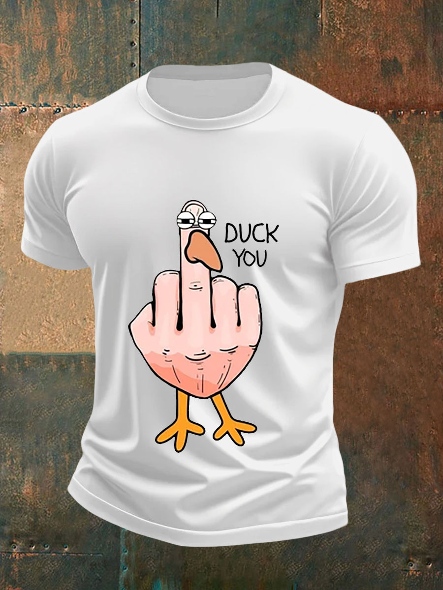 Men's Funny Middle Finger Offensive Rude Duck Print Short Sleeve Tee