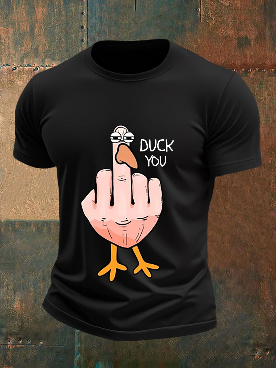 Men's Funny Middle Finger Offensive Rude Duck Print Short Sleeve Tee