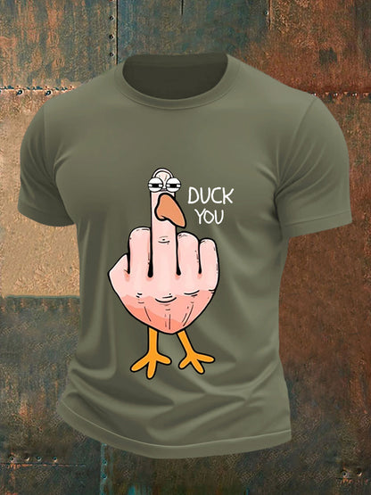 Men's Funny Middle Finger Offensive Rude Duck Print Short Sleeve Tee