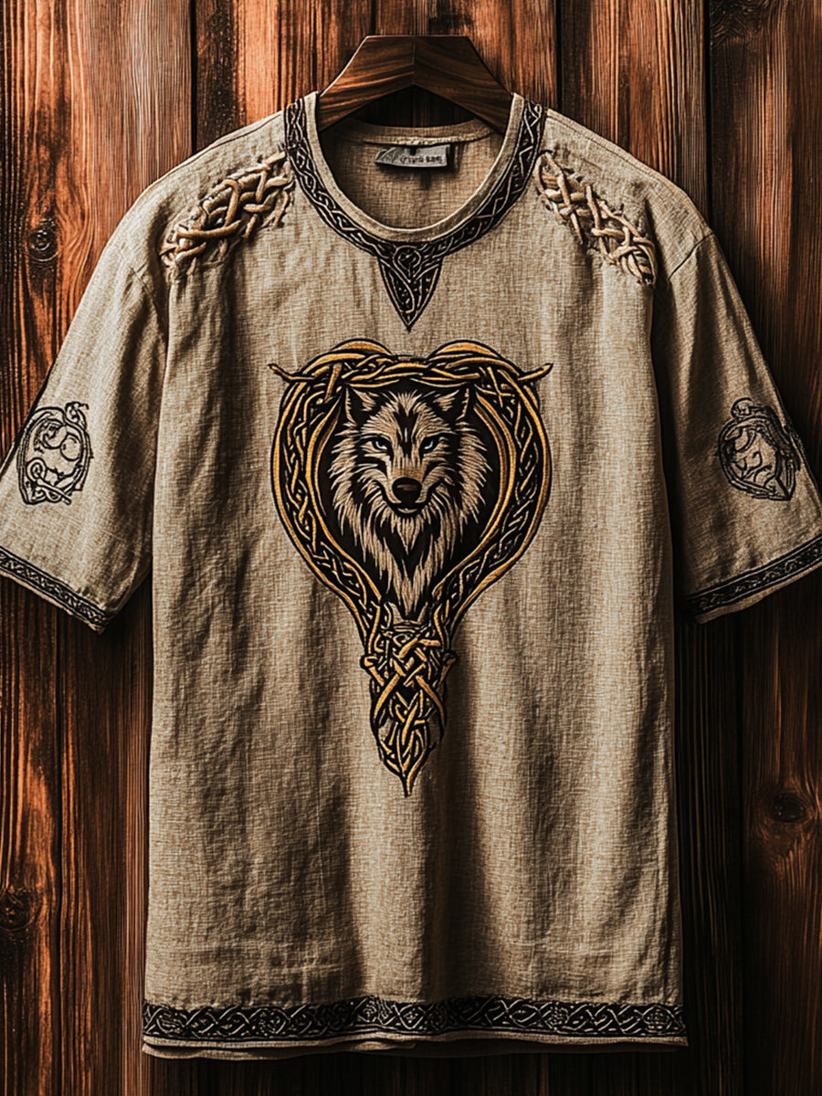 Men's Viking Wolf Totem cotton and linen short sleeve T-shirt