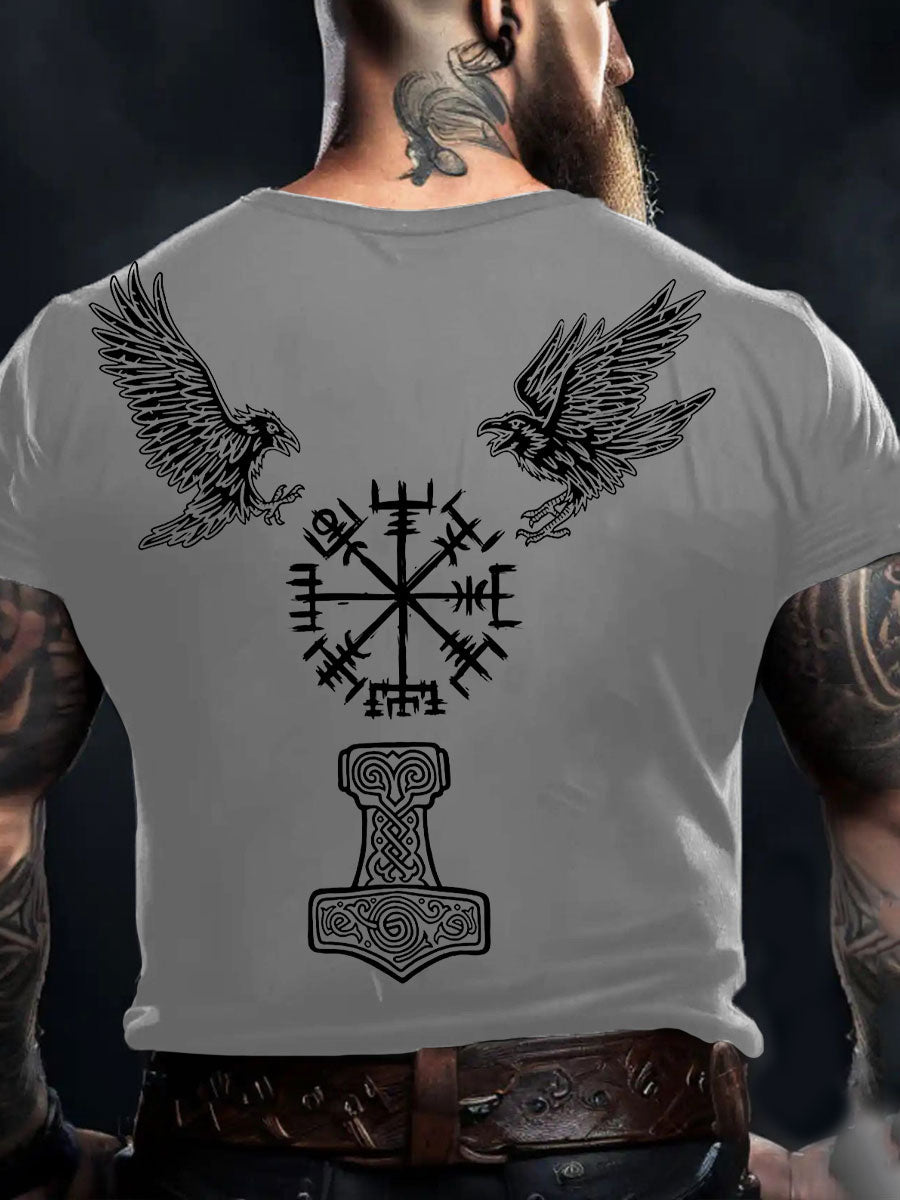 Men's Viking Style Odin Ravens&Vegvisir Printed T-shirt