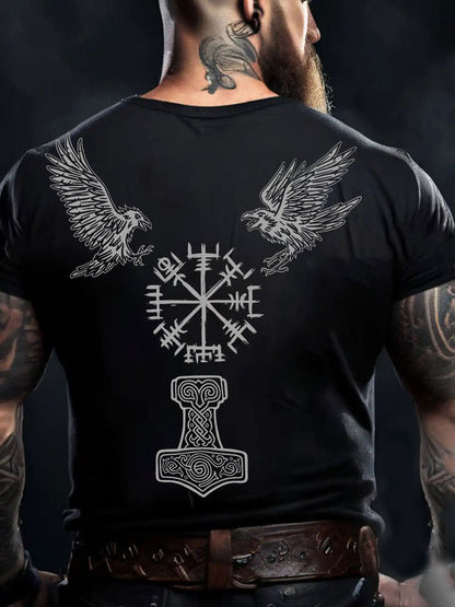Men's Viking Style Odin Ravens&Vegvisir Printed T-shirt