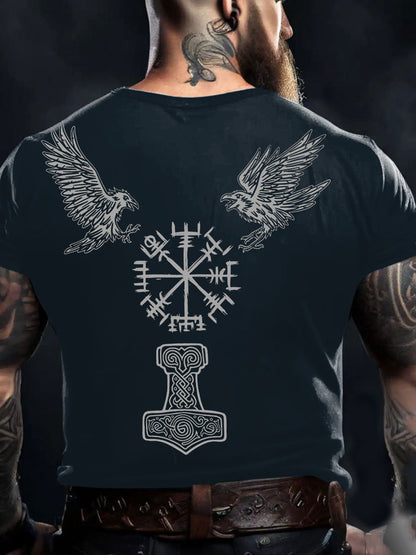 Men's Viking Style Odin Ravens&Vegvisir Printed T-shirt