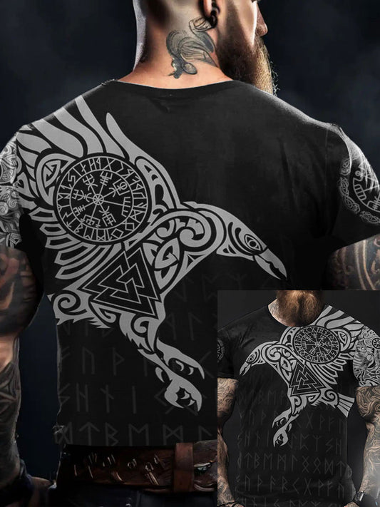 Men's Viking Style Odin Ravens&Vegvisir Printed T-shirt
