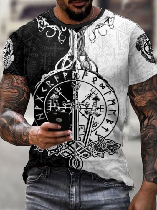 Men's Viking Style Odin Ravens&Vegvisir Printed T-shirt