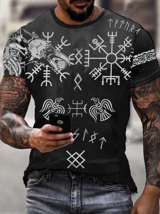 Men's Viking Style Odin Ravens&Vegvisir Printed T-shirt