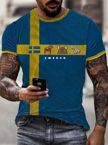 Men's Swedish Flag, Dalama, Viking helmet, Cinnamon Roll Pattern Ptinted Short Sleeves T-shirt