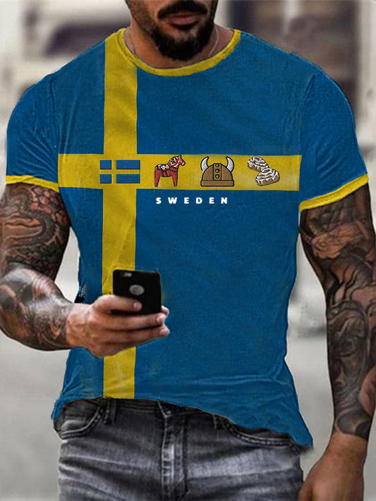 Men's Swedish Flag, Dalama, Viking helmet, Cinnamon Roll Pattern Ptinted Short Sleeves T-shirt