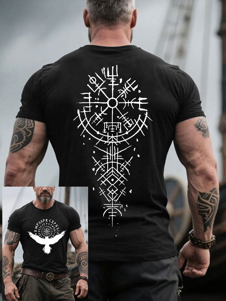 Men's Viking Style Ravens&Vegvísir Printed T-shirt