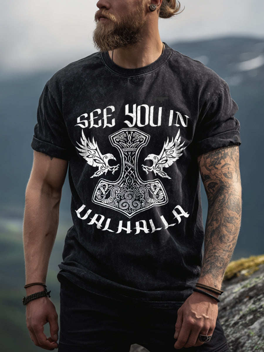 Men's Viking Inspired Print Washed T-Shirt