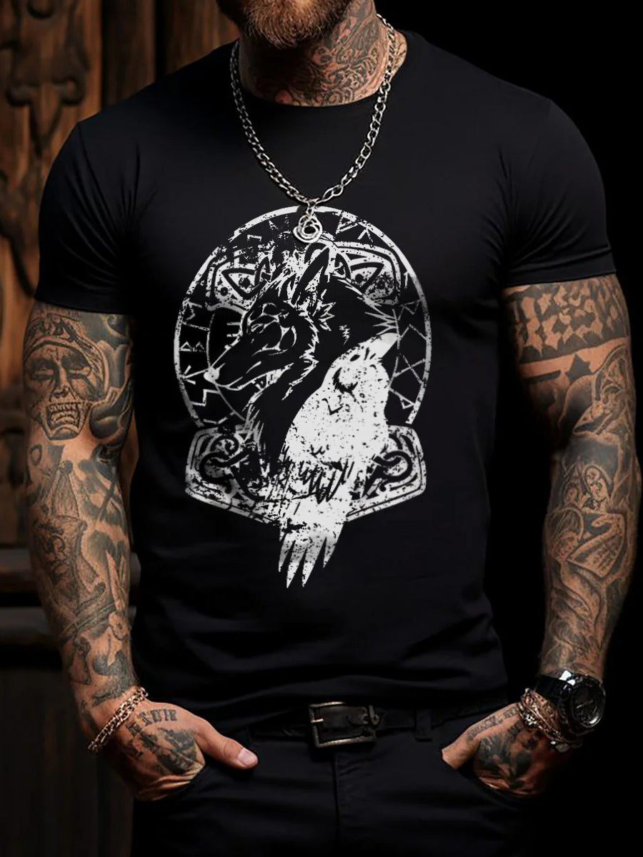 Men's Viking Wolf Raven Hammer Short-sleeved T-shirt
