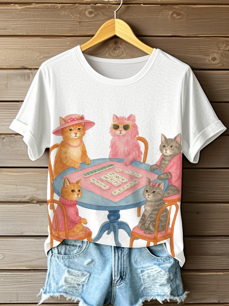 Women's Mahjong Cat print casual T-shirts