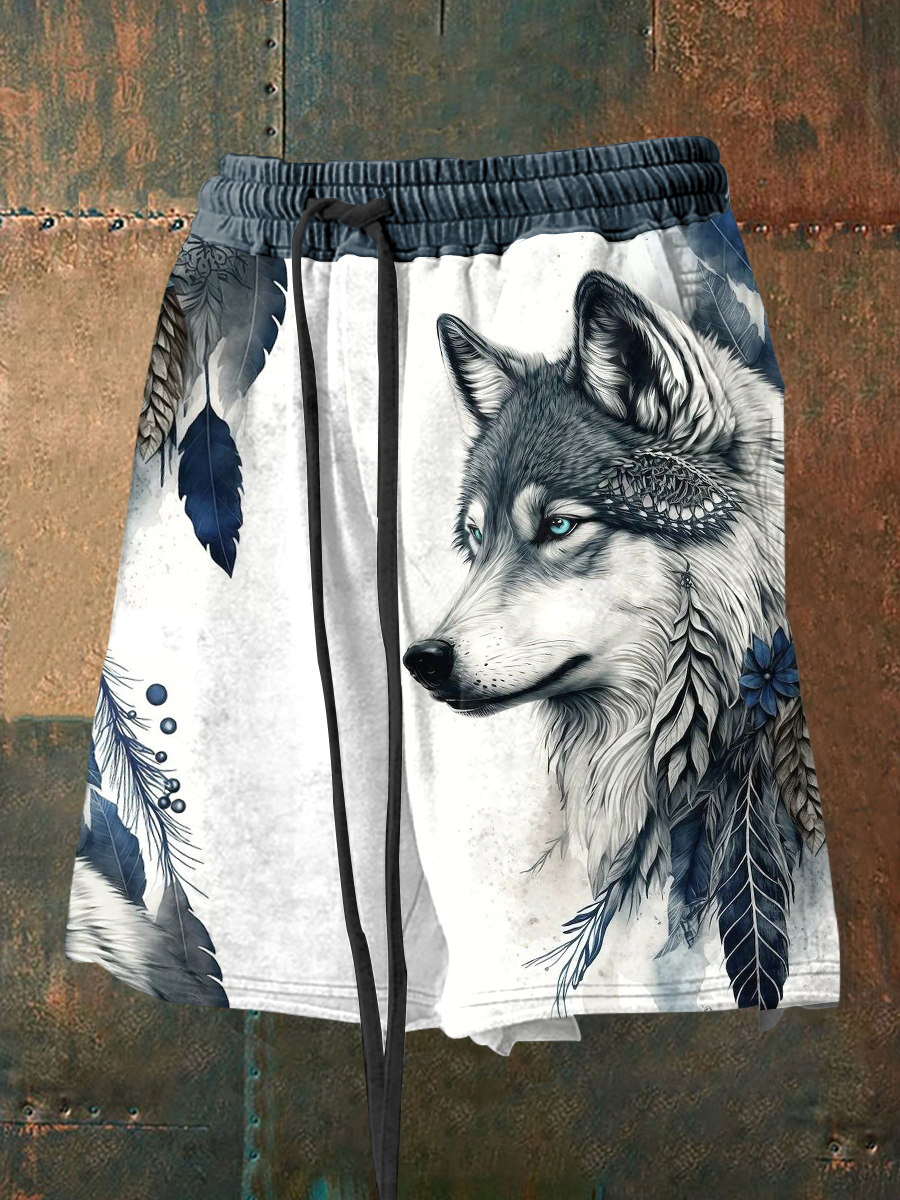 Men's indigenous wolf print casual shorts