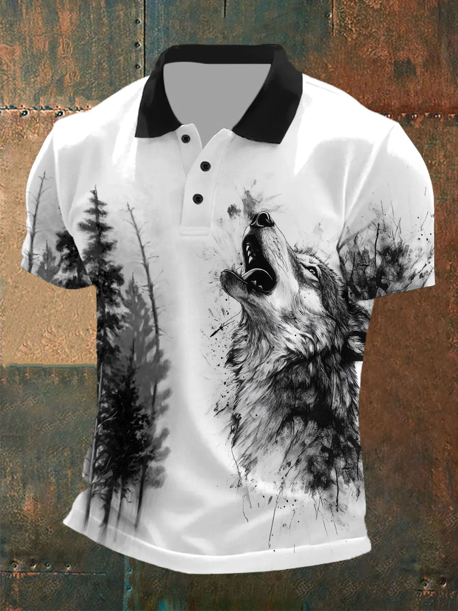 Men's wolf print casual tops