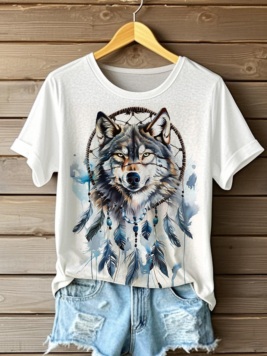 Women's Aboriginal wolf print casual T-shirts