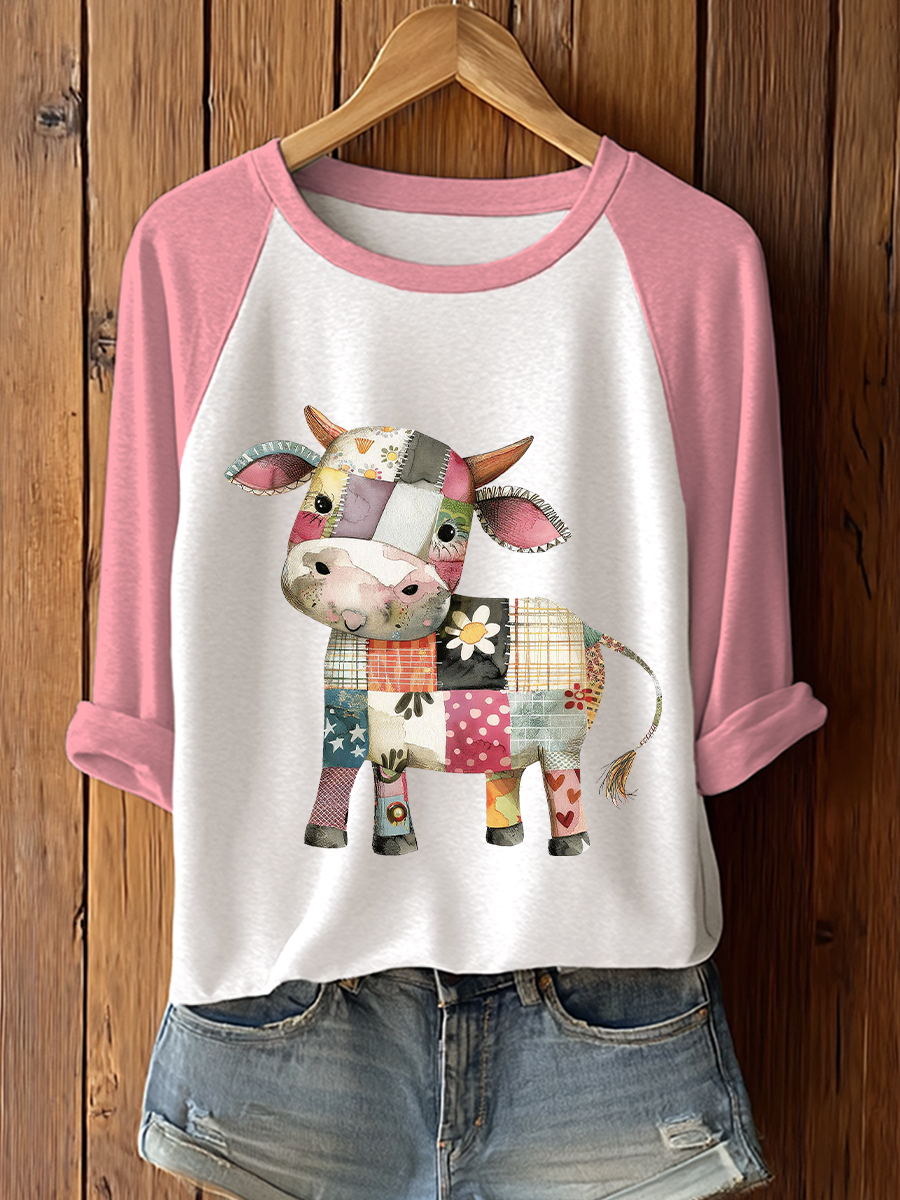Women's Patchwork Art Cow Print Casual T-shirt