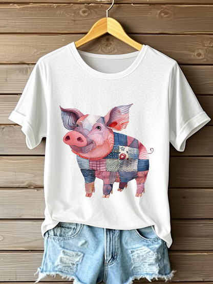 Women's Patchwork Art Pig Print Casual T-shirt