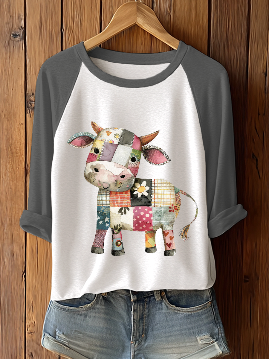 Women's Patchwork Art Cow Print Casual T-shirt