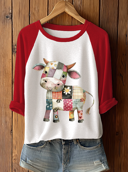 Women's Patchwork Art Cow Print Casual T-shirt