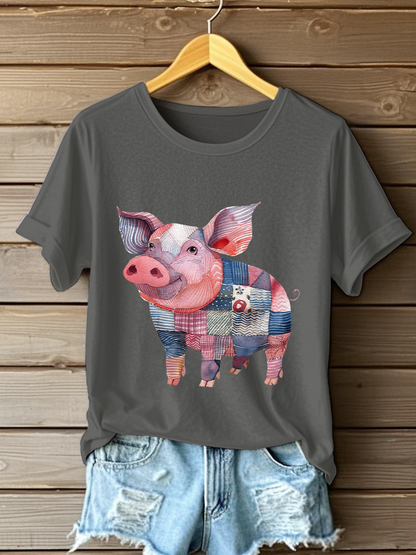 Women's Patchwork Art Pig Print Casual T-shirt