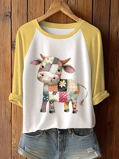 Women's Patchwork Art Cow Print Casual T-shirt
