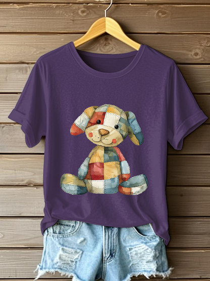 Women's Patchwork Art Dog Print T-Shirt