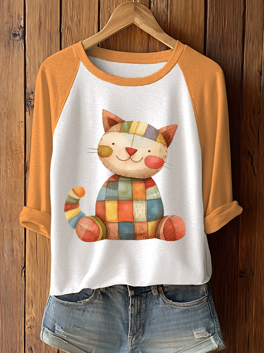 Women's Patchwork Cat Print Casual T-Shirt
