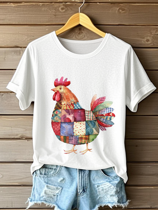 Women's Patchwork Chicken Print Casual T-shirt
