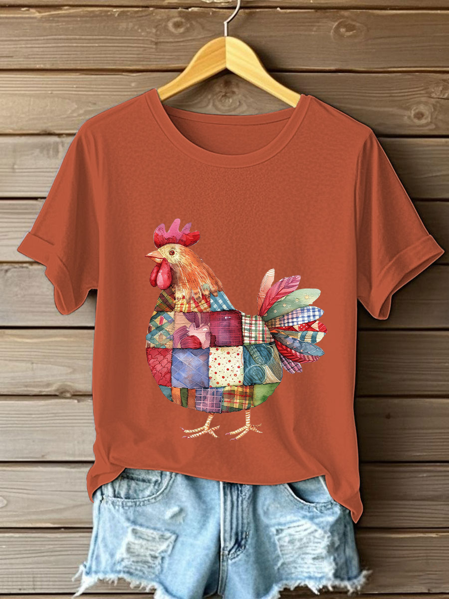Women's Patchwork Chicken Print Casual T-shirt
