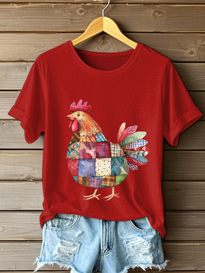 Women's Patchwork Chicken Print Casual T-shirt