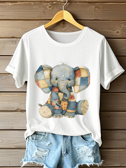 Women's Patchwork Art Elephant Print Casual T-shirt
