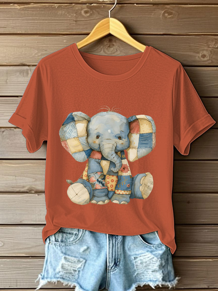 Women's Patchwork Art Elephant Print Casual T-shirt