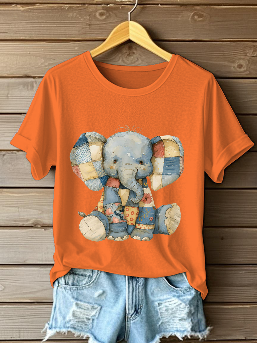 Women's Patchwork Art Elephant Print Casual T-shirt
