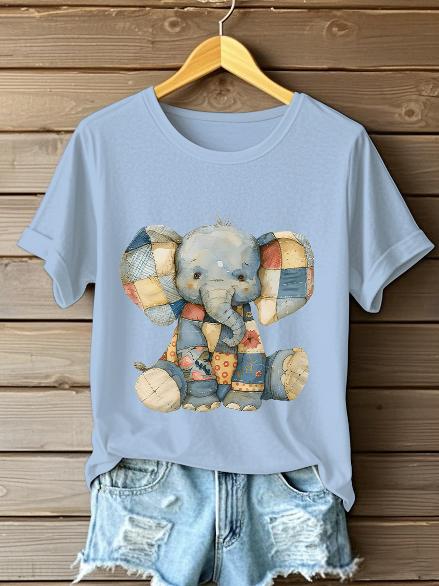Women's Patchwork Art Elephant Print Casual T-shirt