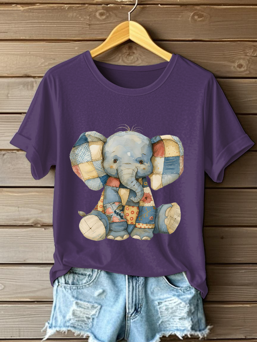 Women's Patchwork Art Elephant Print Casual T-shirt