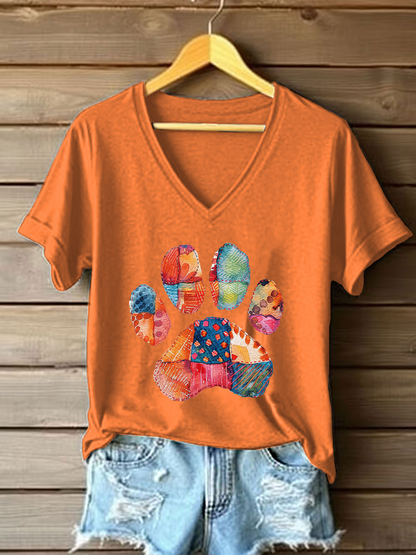 Women's Patchwork Art Paw Print Casual T-Shirt
