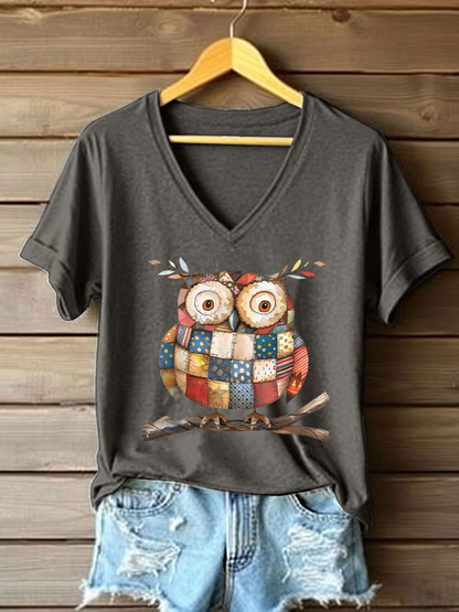 Women's Patchwork Art Owl Print Casual T-shirt